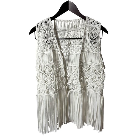 Handmade Crochet Fringe Vest Boho Style Open Front White Sleeveless Womens Small - Picture 1 of 6